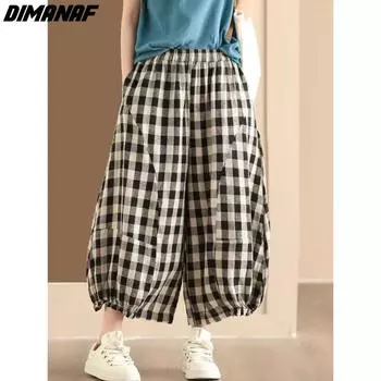DIMANAF 2024, летние длинные брюки больших размеров, женские винтажные повседневные свободные шаровары с эластичной резинкой на талии, клетчатые свободные хлопковые широкие брюки