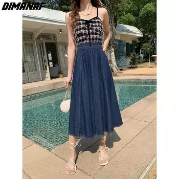 DIMANAF 2024, летние джинсовые длинные юбки больших размеров, женская одежда, джинсы, женские синие повседневные свободные юбки макси с высокой талией