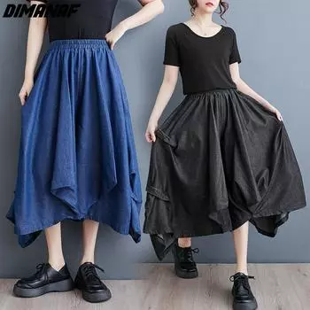 DIMANAF 2024, летние джинсовые юбки больших размеров, женская одежда, однотонные модные джинсы, женские повседневные свободные элегантные длинные юбки