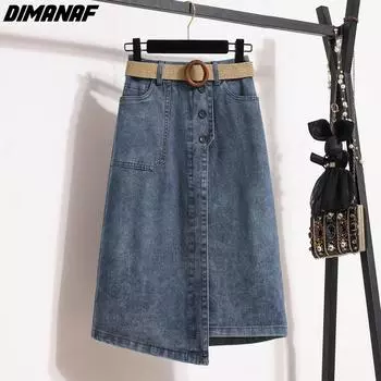 DIMANAF 2024, летние джинсовые юбки больших размеров, женская одежда, синие модные джинсы трапециевидной формы с высокой талией, модная длинная юбка XL синий