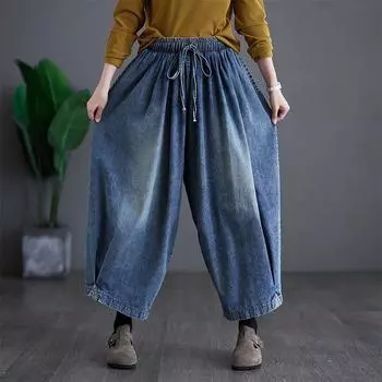 DIMANAF 2024 Летние джинсы Длинные брюки Большие размеры Женские брюки с эластичной резинкой на талии Широкие брюки Брюки Свободные повседневные джинсовые женские повседневные брюки Брюки большого размера