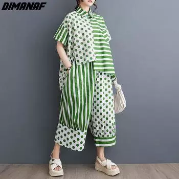 DIMANAF 2024, летние комплекты из двух предметов, большие размеры, женские костюмы в горошек, зеленые свободные топы, шаровары, костюмы из хлопка