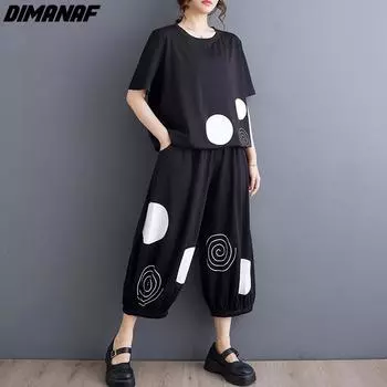 DIMANAF 2024, летние комплекты из двух предметов размера плюс, женские костюмы в горошек, черные свободные топы, брюки, хлопковые эластичные костюмы