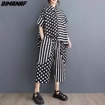 DIMANAF 2024, летние комплекты из двух предметов размера плюс, женские костюмы в горошек, черные свободные топы, шаровары, костюмы из хлопка