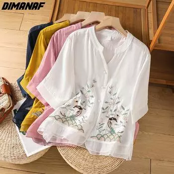 DIMANAF 2024 летние новые большие размеры женские футболки рубашки с коротким рукавом элегантная цветочная вышивка свободные повседневные блузки топы