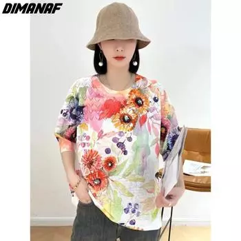 DIMANAF 2024 летние пляжные женские футболки больших размеров с короткими рукавами, вязаные топы с цветочным принтом, модные женские повседневные свободные тонкие рубашки