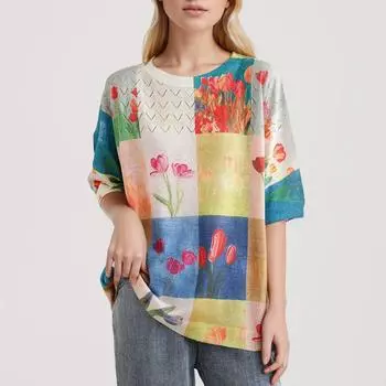 DIMANAF 2024, летние стильные летние женские футболки, рубашки с цветочным принтом, элегантные футболки, свободные повседневные топы