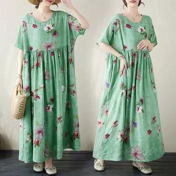 DIMANAF 2024 Летние женские базовые богемные платья больших размеров, новые свободные длинные винтажные платья с цветочным принтом больших размеров One Size зелёный