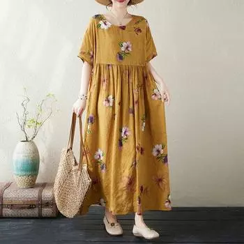 DIMANAF 2024 Летние женские базовые длинные богемные платья больших размеров, новые свободные винтажные платья с цветочным принтом больших размеров One Size оранжевый