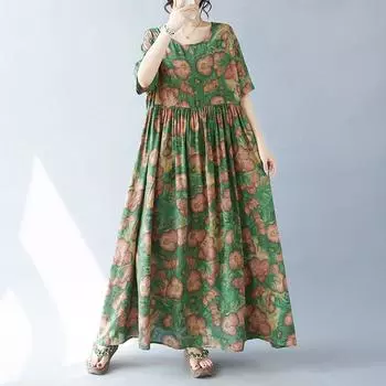 DIMANAF 2024 Летние женские базовые длинные свободные стильные винтажные богемные платья больших размеров с цветочным принтом и круглым вырезом One Size зелёный