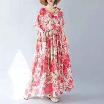 DIMANAF 2024, летние женские богемные свободные пляжные платья больших размеров в базовом стиле, винтажные длинные платья с круглым вырезом, новые One Size красный