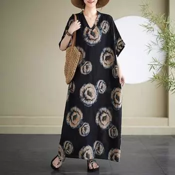 Dimanaf 2024 летние женские богемные свободные пляжные платья больших размеров в базовом стиле с v-образным вырезом, винтажные длинные платья, новые
