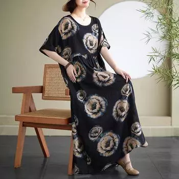 Dimanaf 2024 Летние женские богемные свободные пляжные платья больших размеров в базовом стиле, длинные платья с круглым вырезом, винтажные, новые