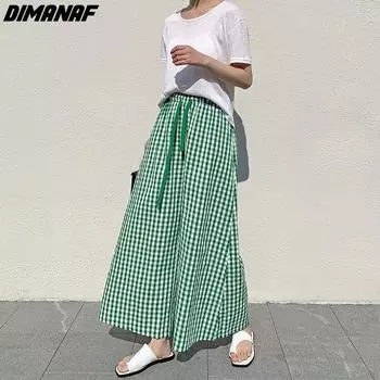 DIMANAF 2024 летние женские большие размеры в клетку тонкие новые широкие брюки с высокой талией эластичные длинные повседневные брюки оверсайз