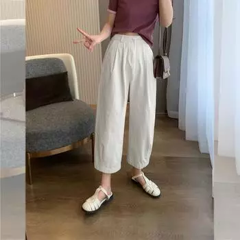 DIMANAF 2024 летние женские большие размеры свободные широкие брюки длинные брюки с эластичной резинкой на талии однотонные шаровары повседневные брюки из хлопка