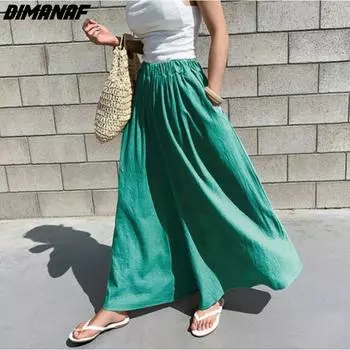 Dimanaf 2024 летние женские большие размеры, однотонные модные стильные повседневные брюки с эластичной резинкой на талии, льняные широкие брюки, свободные длинные брюки