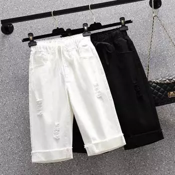 DIMANAF Летние женские брюки больших размеров Короткие джинсы с эластичной резинкой на талии Джинсовые дырки Модные свободные брюки большого размера Шорты XL белый