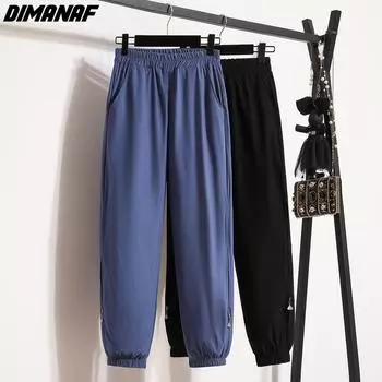 DIMANAF 2024 летние женские длинные брюки больших размеров, свободные широкие брюки, синие, черные, повседневные эластичные однотонные брюки большого размера