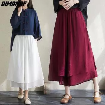 DIMANAF 2024 летние женские длинные брюки больших размеров с эластичной резинкой на талии, повседневные брюки, черно-белые льняные широкие брюки, свободные