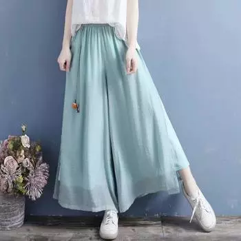 DIMANAF 2024 летние женские длинные брюки больших размеров с мягкой эластичной резинкой на талии, винтажные повседневные свободные однотонные льняные широкие брюки