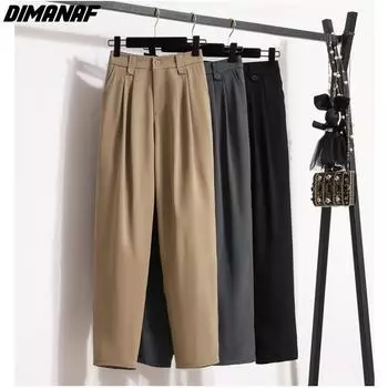 DIMANAF 2024 летние женские длинные брюки больших размеров с эластичной резинкой на талии, винтажные повседневные брюки, однотонные хлопковые свободные брюки