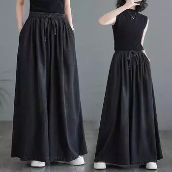 DIMANAF 2024 летние женские длинные брюки больших размеров, свободные широкие брюки, повседневные однотонные винтажные джинсы большого размера L чёрный