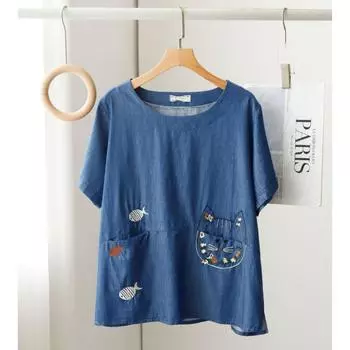 DIMANAF 2024 летние женские джинсовые футболки больших размеров с принтом кота, футболки, свободная повседневная рубашка