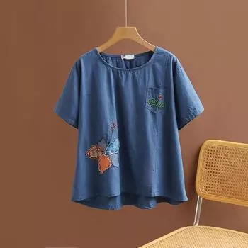 DIMANAF 2024 летние женские джинсовые футболки больших размеров с цветочным принтом, футболки, свободная повседневная рубашка