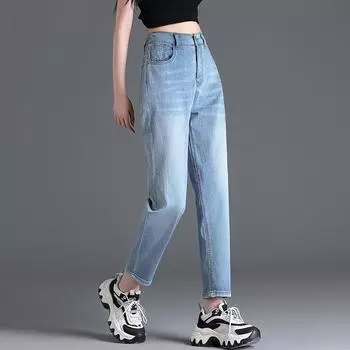 DIMANAF 2024 Летние женские джинсы брюки женские эластичные базовые брюки с высокой талией модные новые длинные синие брюки S чёрный