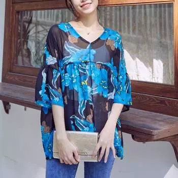 DIMANAF 2024 Летние женские футболки Блузки Рубашки с шифоновым принтом Элегантные женские прозрачные топы с цветочным принтом Футболки Oversize Свободные пляжные повседневные XXL розовый