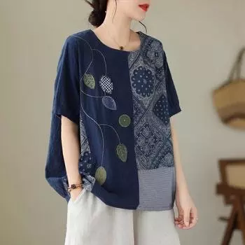 DIMANAF 2024 летние женские футболки больших размеров с цветочным принтом, элегантные лоскутные топы с рукавами, футболки, свободная повседневная льняная рубашка 91688 M