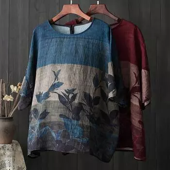 DIMANAF 2024 летние женские футболки больших размеров с цветочным принтом, элегантные топы с рукавами «летучая мышь», футболки, свободная повседневная льняная рубашка 5512 One Size синий