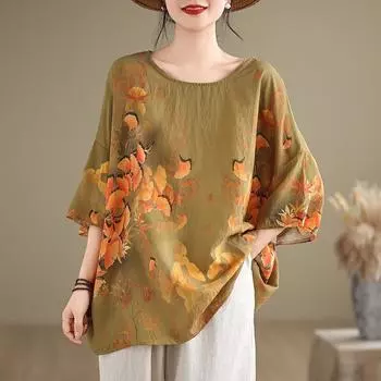 DIMANAF 2024 летние женские футболки больших размеров с цветочным принтом, элегантные топы с рукавами «летучая мышь», футболки, свободная повседневная льняная рубашка 91684 One Size