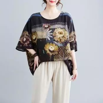 DIMANAF 2024 летние женские футболки больших размеров с цветочным принтом, элегантные топы с рукавами «летучая мышь», футболки, свободная повседневная льняная рубашка 91457