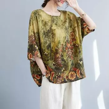 DIMANAF 2024 летние женские футболки больших размеров с цветочным принтом, элегантные топы с рукавами «летучая мышь», футболки, свободная повседневная льняная рубашка 91452