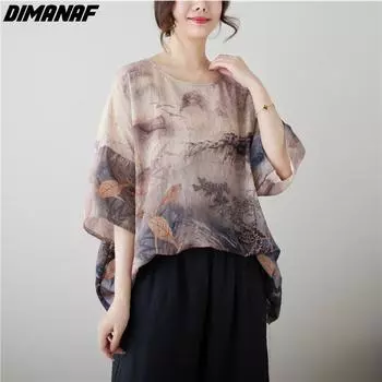 DIMANAF 2024 летние женские футболки больших размеров винтажная блузка с цветочным принтом свободные повседневные женские топы футболки