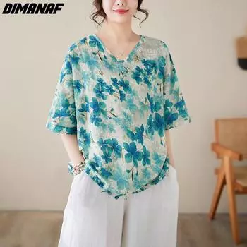 DIMANAF 2024 летние женские футболки больших размеров, блузки, рубашки с v-образным вырезом и цветочным принтом, женские топы, свободные повседневные хлопковые футболки