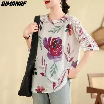 DIMANAF 2024 летние женские футболки больших размеров с короткими рукавами, свободные повседневные тонкие трикотажные рубашки с цветочным принтом