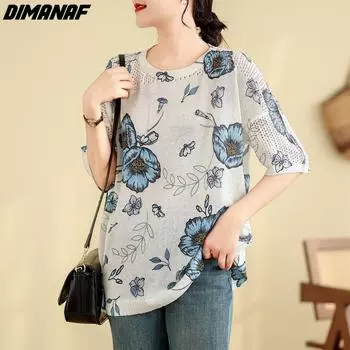 DIMANAF 2024 летние женские футболки больших размеров с коротким рукавом, модные женские топы, футболки, свободные повседневные вязаные рубашки с цветочным принтом