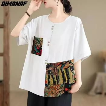 DIMANAF 2024 летние женские футболки больших размеров с коротким рукавом, винтажные женские топы, свободные повседневные хлопково-льняные рубашки M белый