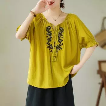 DIMANAF 2024 летние женские футболки больших размеров с принтом, винтажные элегантные топы с короткими рукавами, футболки, свободная повседневная льняная рубашка