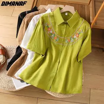 DIMANAF 2024 летние женские футболки больших размеров, рубашки с цветочным принтом, элегантный стиль, повседневная свободная блузка с цветочной вышивкой, топы