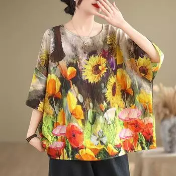 DIMANAF 2024 летние женские футболки больших размеров с цветочным принтом, элегантные топы с рукавами «летучая мышь», футболки, свободная повседневная льняная рубашка 91688
