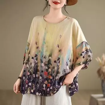 DIMANAF 2024 летние женские футболки больших размеров с цветочным принтом, элегантные топы с рукавами «летучая мышь», футболки, свободная повседневная льняная рубашка 91683 One Size