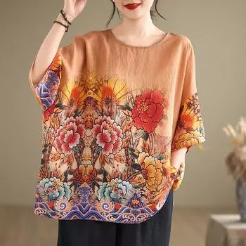 DIMANAF 2024 летние женские футболки больших размеров с цветочным принтом, элегантные топы с рукавами «летучая мышь», футболки, свободная повседневная льняная рубашка 91686