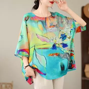 DIMANAF 2024 летние женские футболки больших размеров с цветочным принтом, элегантные топы с рукавами «летучая мышь», футболки, свободная повседневная льняная рубашка 91706 One Size