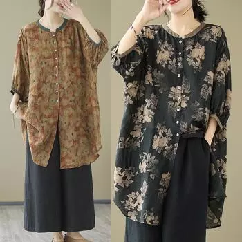 DIMANAF 2024, летние женские футболки больших размеров, летние рубашки, льняные женские свободные повседневные винтажные топы с цветочным принтом, футболки