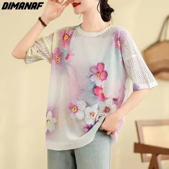 DIMANAF 2024 летние женские футболки больших размеров с коротким рукавом и цветочным принтом, розовые топы, футболки, повседневная свободная трикотажная рубашка, тонкая