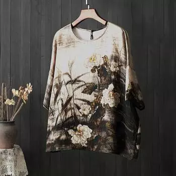 DIMANAF 2024 летние женские футболки больших размеров с цветочным принтом, элегантные топы с рукавами «летучая мышь», футболки, свободная повседневная льняная рубашка 5514 One Size