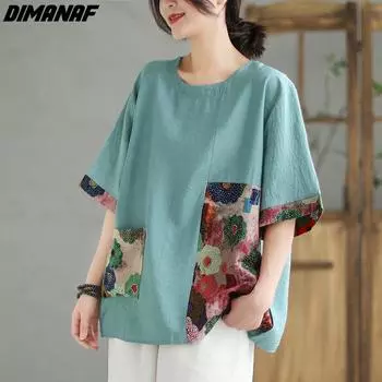 DIMANAF 2024 летние женские футболки больших размеров с короткими рукавами, футболки, свободные винтажные повседневные лоскутные хлопково-льняные рубашки с цветочным принтом M белый